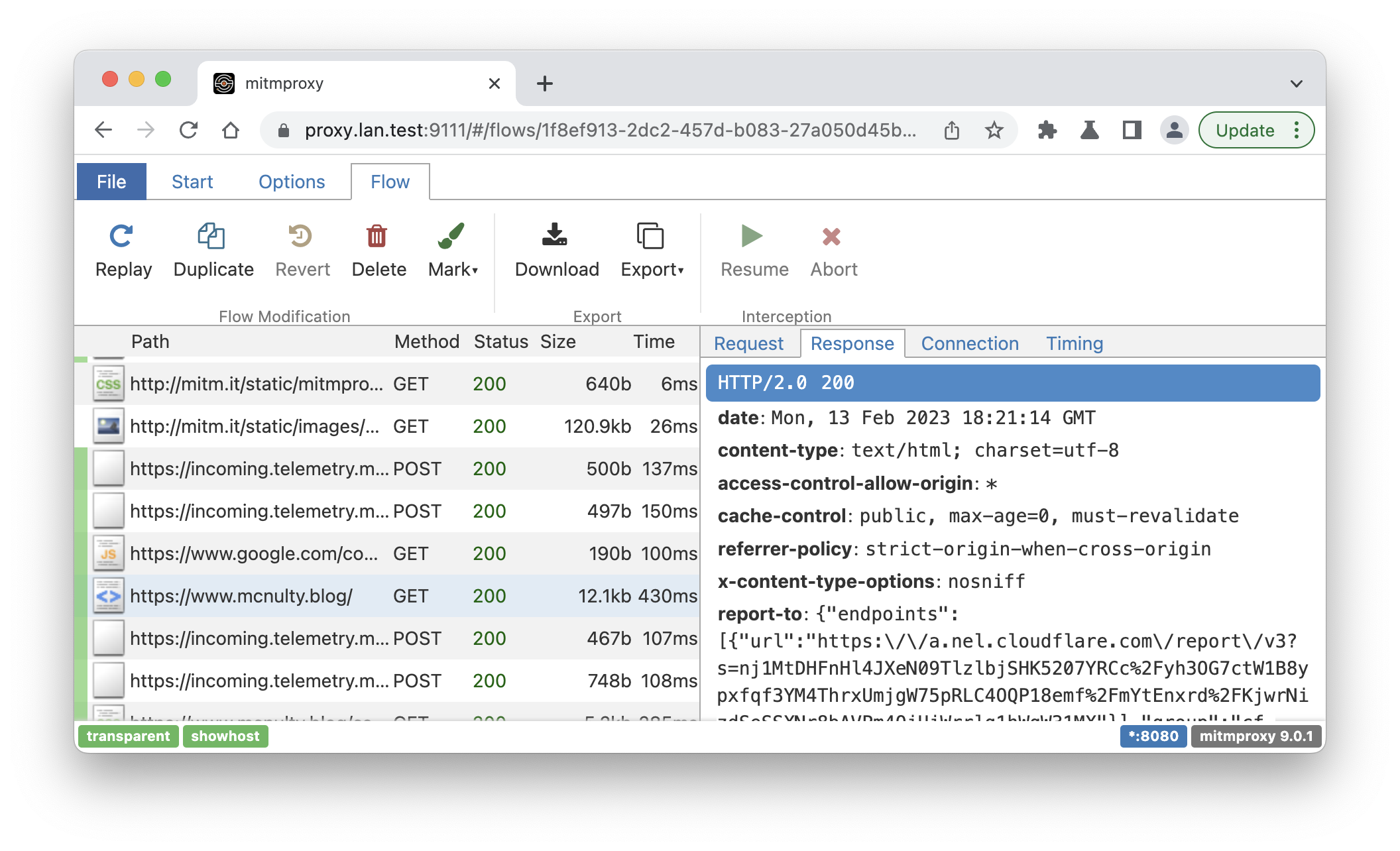 A screenshot capturing a request to load this blog in the lab