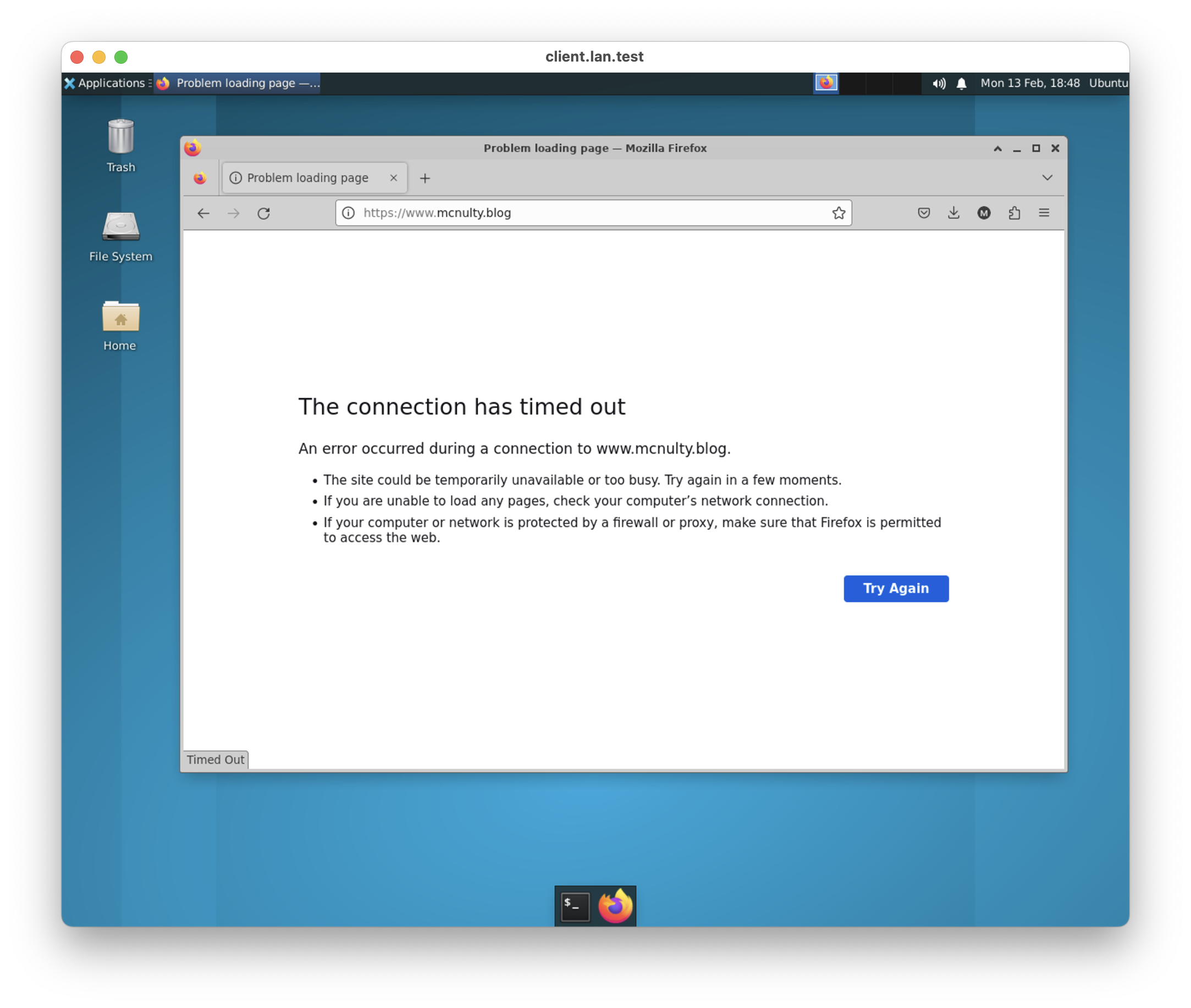 The Firefox timeout page rendered when requesting the blog with the exit node unavailable